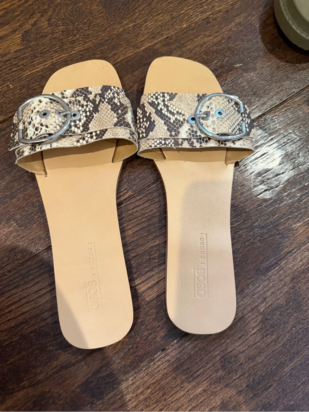 ASOS Snake-Print Slide Sandals with Silver Buckle